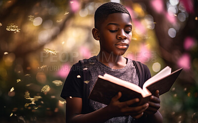 Fantasy, book and forest with boy and reading for fairytale, imagination and learning. Ai generated, inspiration and flowers with black kid and study for literature, knowledge or child development