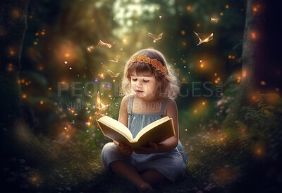 Fantasy, book and light with girl and reading for fairytale, imagination and learning. Ai generated, inspiration and flowers with kid and study for literature, knowledge or child development