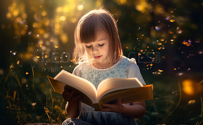 Fantasy, book and education with girl and reading for fairytale, imagination and learning. Ai generated, inspiration and flowers with kid and study for literature, knowledge or child development