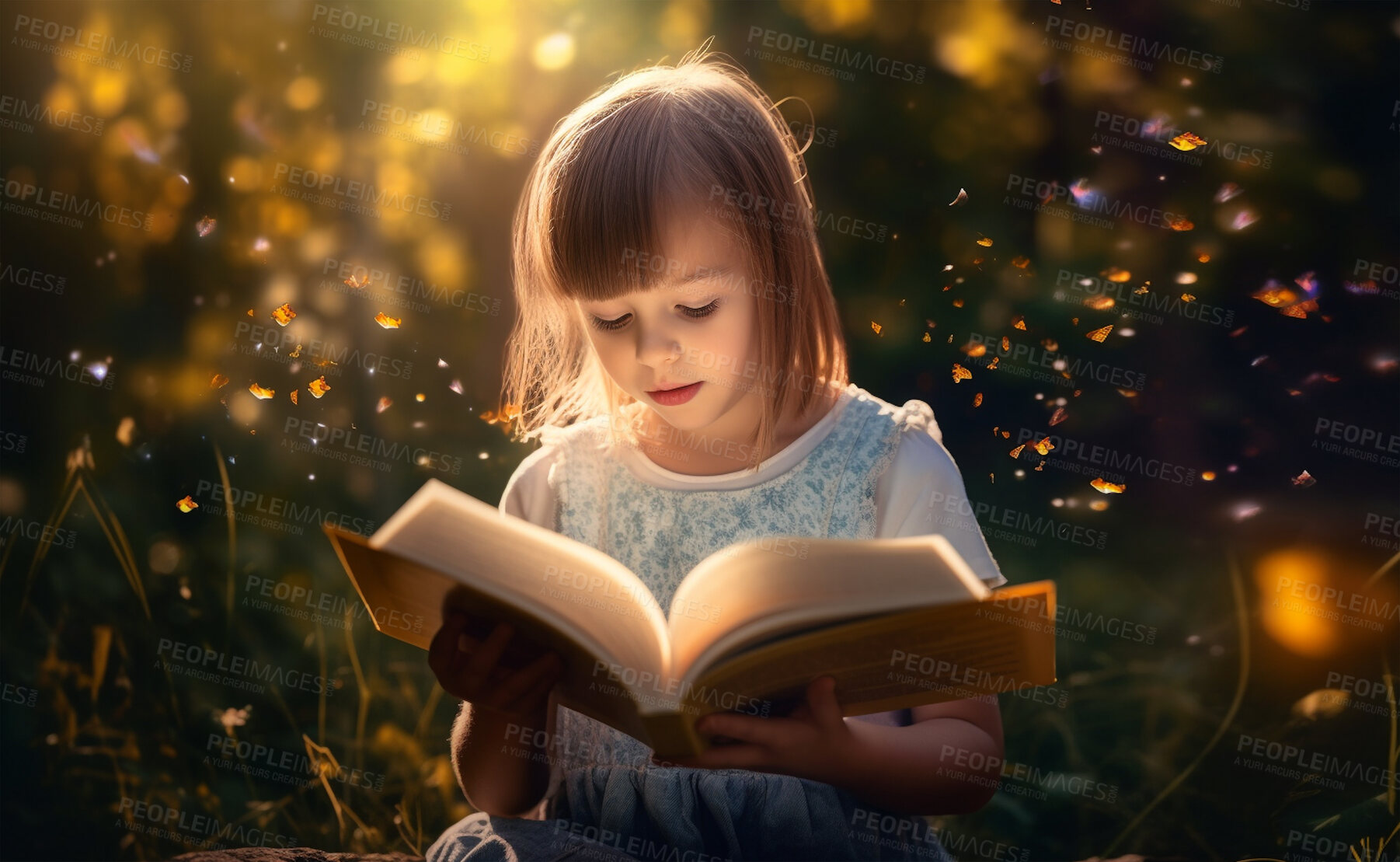 Buy stock photo Fantasy, book and education with girl and reading for fairytale, imagination and learning. Ai generated, inspiration and flowers with kid and study for literature, knowledge or child development