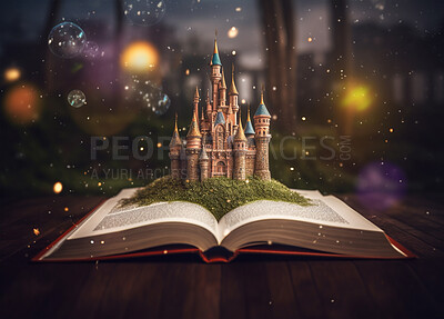 Education, fantasy and growth with book and castle on table for fairytale, imagination and night. Ai generated, inspiration and magic with literature and palace for magical, learning and development