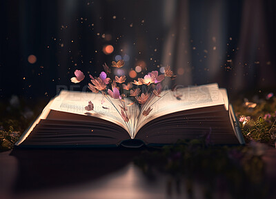 Education, magic and growth with book and plant on table for fairytale, imagination and night. Ai generated, inspiration and fantasy with literature and flowers for magical, learning and development