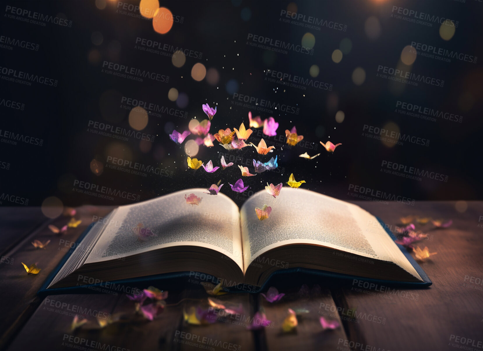 Buy stock photo Fantasy, magic and growth with book and plant for fairytale, imagination and education. Ai generated, inspiration and night with literature closeup and flowers for magical, learning and development