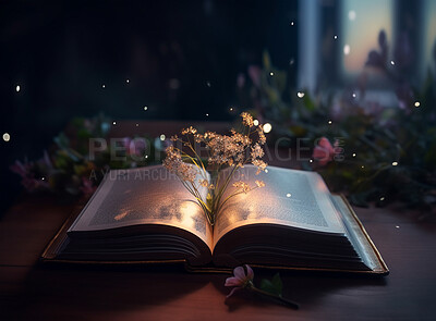 Fantasy, magic and learning with book and flower for fairytale, imagination and education. Ai generated, inspiration and growth with literature closeup and plant for magical, night and development