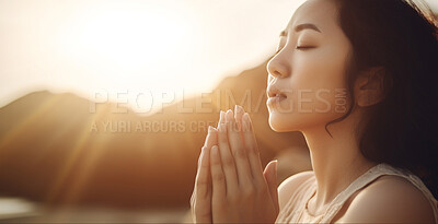 Prayer, meditation and peace with asian woman in nature for worship, zen and spirituality. Praying, ai generated and connection with female yogi on beach for faith, mindfulness and chakra practice