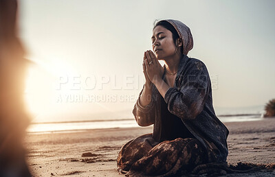 Buy stock photo Prayer, peace and gratitude with woman in nature for worship, zen and spirituality. Praying, ai generated and connection with person at beach and traditions for god, mindfulness or chakra practice