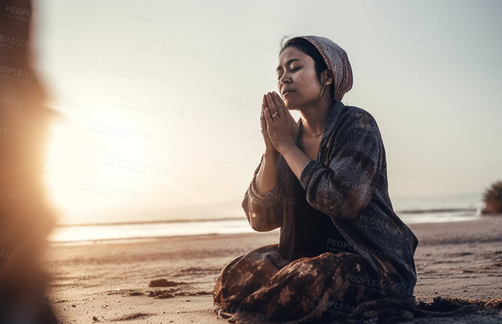 Buy stock photo Prayer, peace and gratitude with woman in nature for worship, zen and spirituality. Praying, ai generated and connection with person at beach and traditions for god, mindfulness or chakra practice