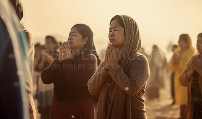 Buy stock photo Prayer, faith and peace with woman in nature for worship, zen and spirituality. Praying, ai generated and connection with women at beach and traditions for god, mindfulness or chakra practice