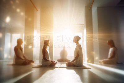 Buy stock photo Prayer, meditation and peace with people in wellness center for worship, zen and spirituality. Praying, ai generated and connection with yogi and traditions for faith, mindfulness or  chakra practice