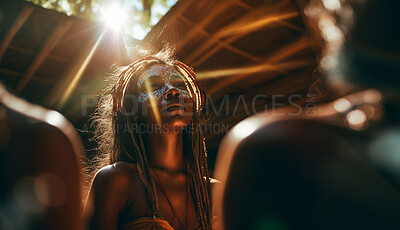 Buy stock photo Prayer, tribe and god with woman in village for worship, holy and spirituality. Praying, ai generated and connection with shaman person in safari and traditions for faith, mindfulness and ritual