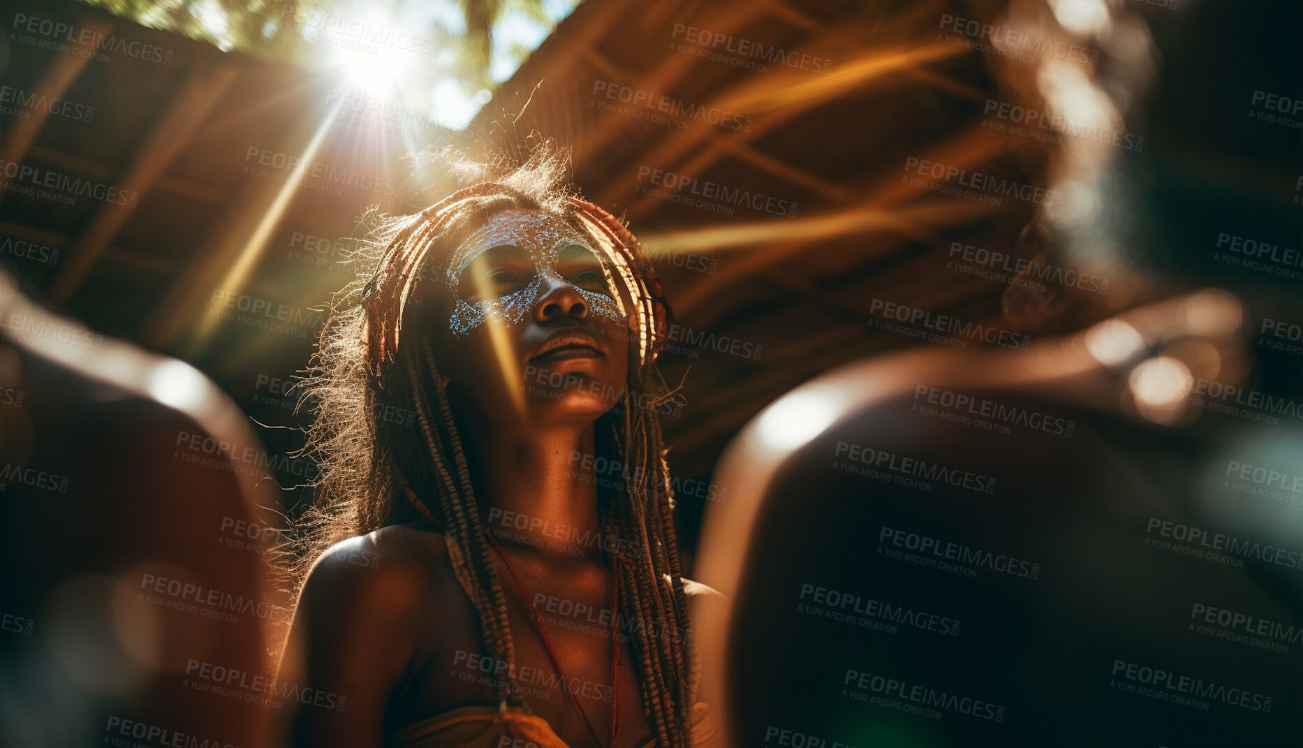 Buy stock photo Prayer, tribe and god with woman in village for worship, holy and spirituality. Praying, ai generated and connection with shaman person in safari and traditions for faith, mindfulness and ritual