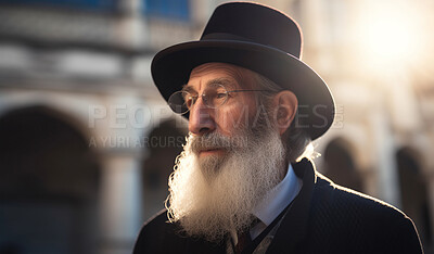 Buy stock photo Prayer, jewish and senior with rabbi in city for worship, holy and spirituality. Praying, ai generated and connection with old man and traditions for faith, mindfulness and orthodox traditions