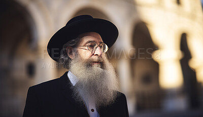 Buy stock photo Prayer, jewish and senior with old man in city for worship, holy and spirituality. Praying, ai generated and connection with rabbi and traditions for faith, mindfulness and orthodox traditions