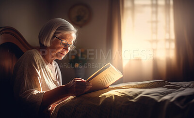Buy stock photo Prayer, christian and bible with old woman in bedroom for worship, holy text or spirituality. Praying, ai generated and connection with person and book at home for faith, mindfulness and Christianity