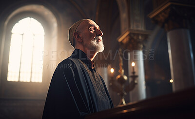 Buy stock photo Prayer, leadership and priest with pastor in church for worship, holy spirit and spirituality. Praying, ai generated and connection with man and traditions for faith, mindfulness and christianity
