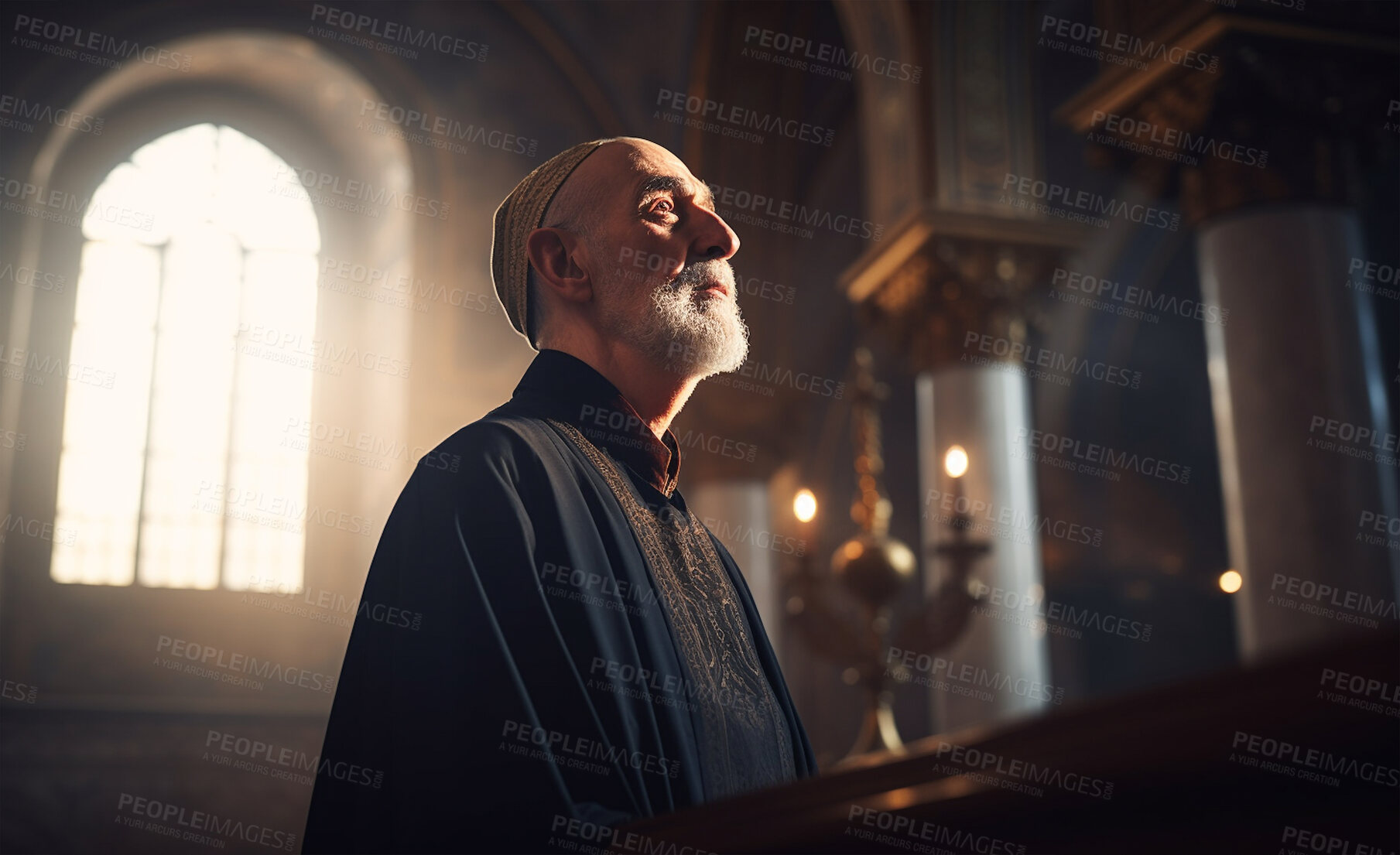 Buy stock photo Prayer, leadership and priest with pastor in church for worship, holy spirit and spirituality. Praying, ai generated and connection with man and traditions for faith, mindfulness and christianity