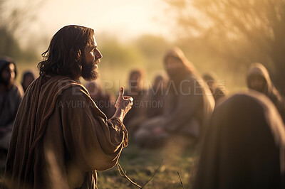 Prayer, christian and flock with man in field for worship, holy spirit and spirituality. Praying, ai generated and connection with Jesus and traditions in grass for faith, mindful and Christianity