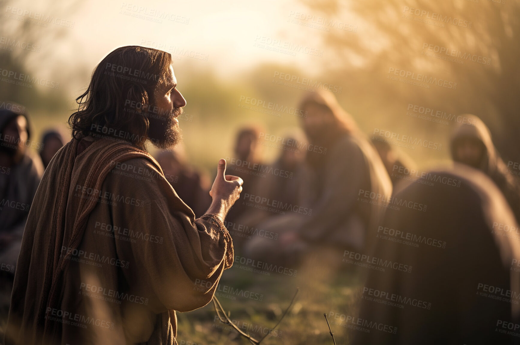 Buy stock photo Prayer, christian and flock with man in field for worship, holy spirit and spirituality. Praying, ai generated and connection with Jesus and traditions in grass for faith, mindful and Christianity