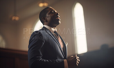 Buy stock photo Prayer, christian and priest with pastor in church for worship, holy spirit and spirituality. Praying, ai generated and connection with black man and traditions for faith, mindfulness or Christianity