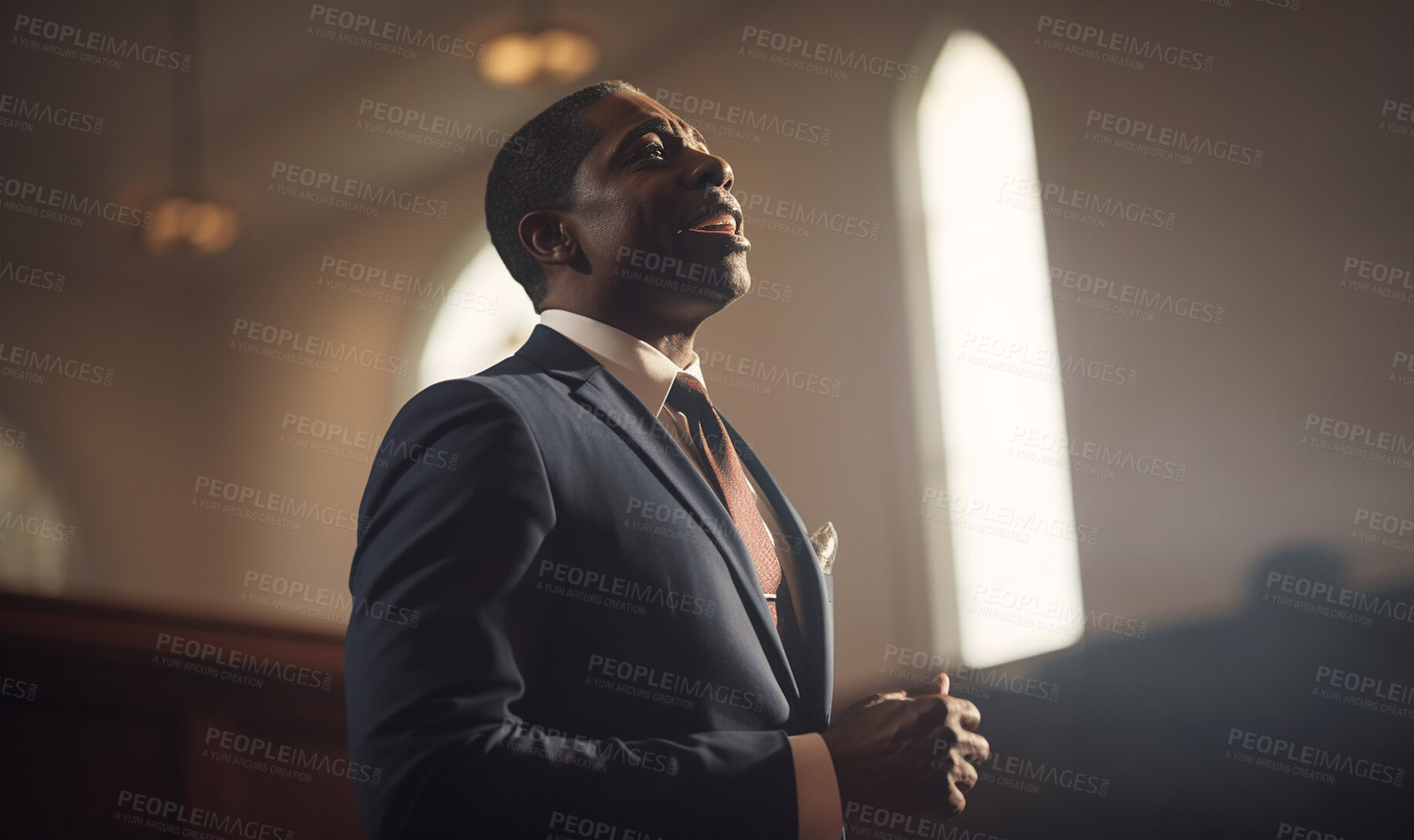 Buy stock photo Prayer, christian and priest with pastor in church for worship, holy spirit and spirituality. Praying, ai generated and connection with black man and traditions for faith, mindfulness or Christianity