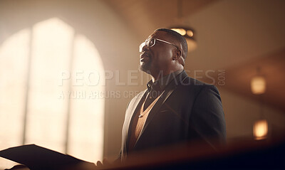 Buy stock photo Prayer, christian and preach with black man in church for worship, holy spirit or spirituality. Praying, ai generated and connection with pastor and traditions for faith, mindfulness and Christianity