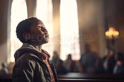 Buy stock photo Prayer, christian and thinking with black kid in church for worship, holy spirit and spirituality. Praying, ai generated and connection with person and traditions for faith, hope and Christianity