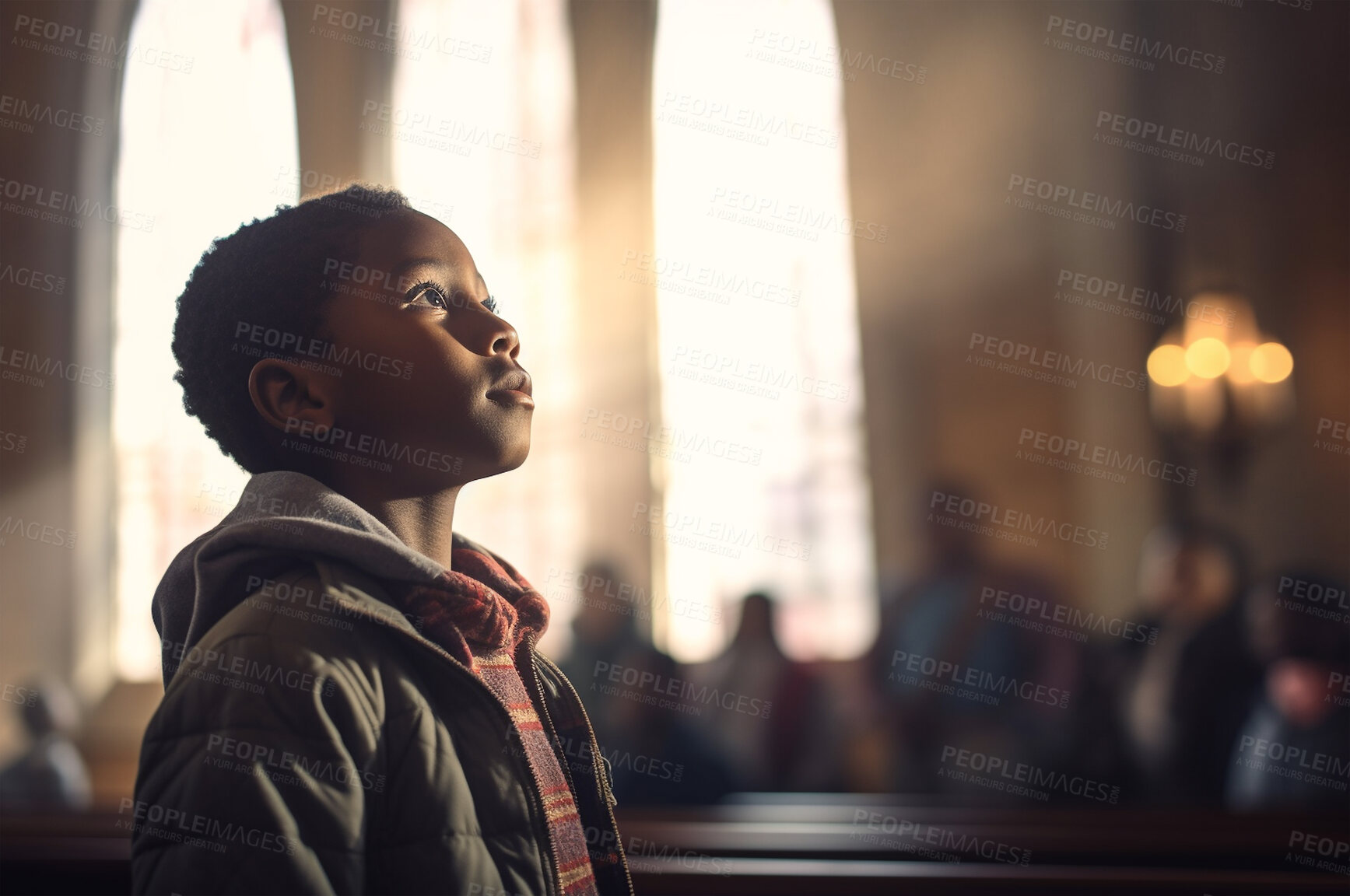 Buy stock photo Prayer, christian and thinking with black kid in church for worship, holy spirit and spirituality. Praying, ai generated and connection with person and traditions for faith, hope and Christianity