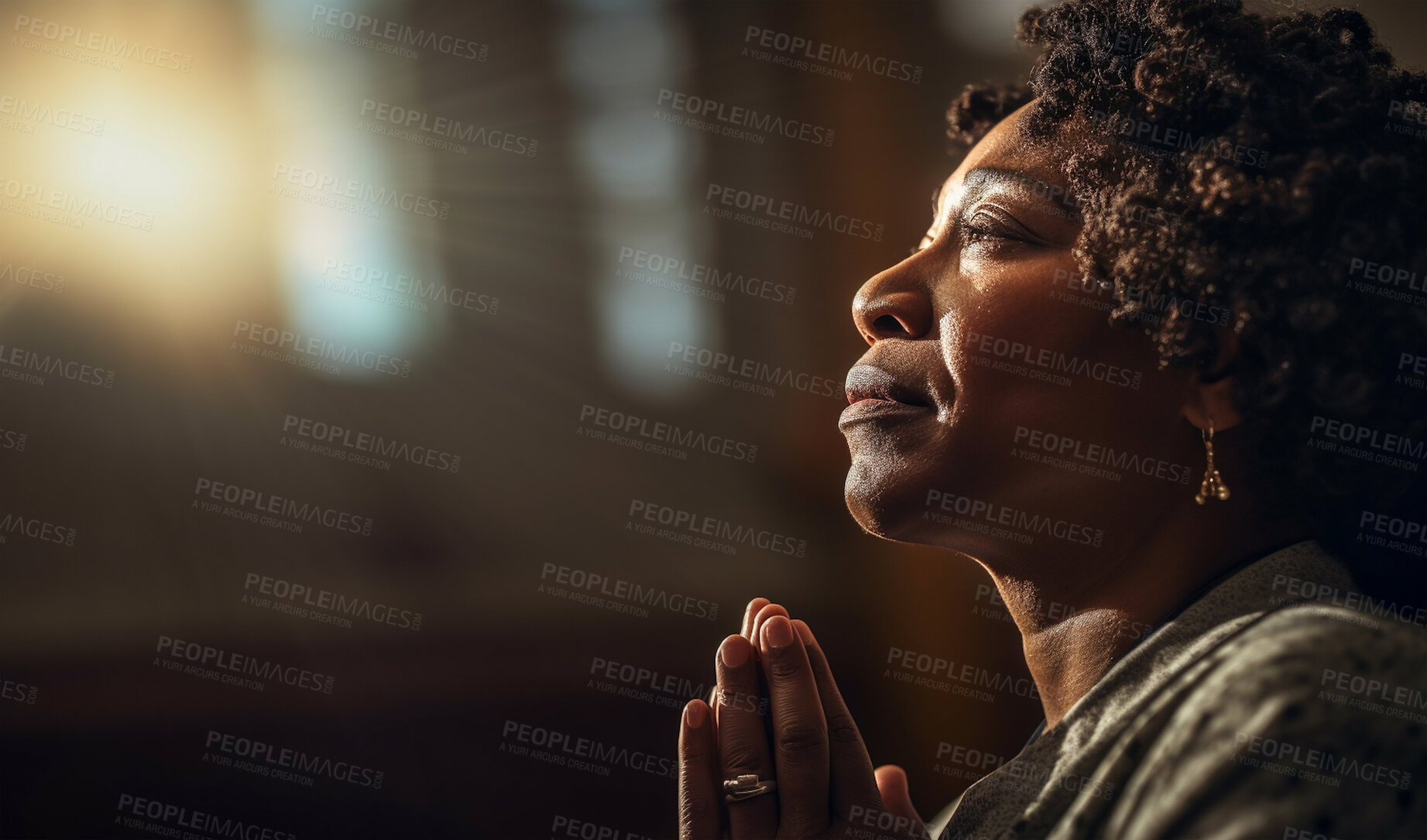 Buy stock photo Prayer, christian and worship with black woman in church for god, holy spirit and spirituality. Praying, ai generated and connection with person and traditions for faith, mindfulness and Christianity