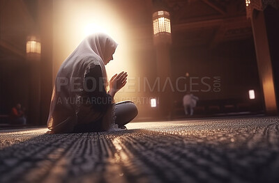 Buy stock photo Prayer, islam and worship with woman in mosque for god, holy quran and spirituality. Praying, ai generated and Islamic with person and muslim traditions for faith, mindful and Ramadan kareem