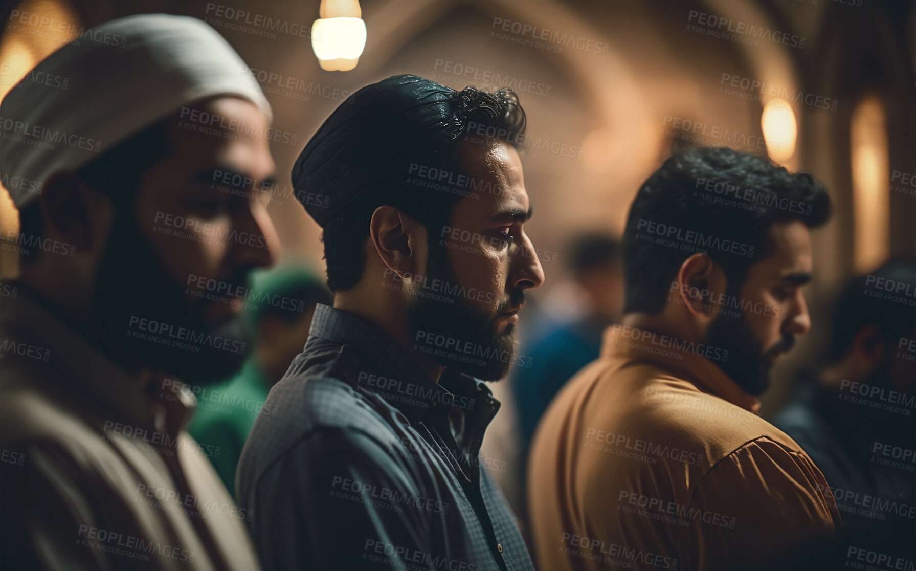 Buy stock photo Prayer, islam and worship with men in mosque for god, holy quran and spirituality. Praying, ai generated and Islamic with people and muslim traditions for faith, mindful and Ramadan kareem