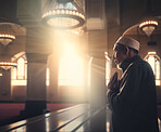 Prayer, islam and worship with Muslim man in mosque for god, holy quran and spirituality. Praying, ai generated and Islamic with person and focus on traditions for faith, mindful and Ramadan kareem