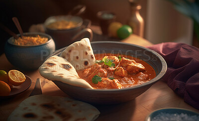 Food, kitchen and dinner with chicken curry in restaurant for health, hospitality and nutrition. Fine dining, diet and ai generated with closeup of Indian cuisine with naan for cooking and retail