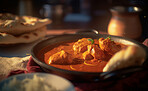 Food, kitchen and butter chicken with curry in restaurant for health, hospitality and nutrition. Fine dining, diet and ai generated with closeup of Indian cuisine for dinner, cooking and retail