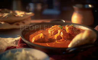 Food, kitchen and butter chicken with curry in restaurant for health, hospitality and nutrition. Fine dining, diet and ai generated with closeup of Indian cuisine for dinner, cooking and retail