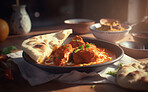 Food, kitchen and naan with chicken curry in restaurant for health, hospitality and nutrition. Fine dining, diet and ai generated with closeup of Indian cuisine in cafe for dinner, cooking and retail