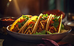 Food, kitchen and fine dining with taco in restaurant for health, hospitality and nutrition. Menu, diet and ai generated with closeup of Mexican cuisine in cafe for dinner, cooking and retail