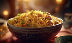 Food, kitchen and rice with biryani in restaurant for health, hospitality and nutrition. Menu, diet and ai generated with closeup of Indian cuisine in cafe for chicken dinner, cooking and retail