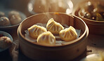 Food, kitchen and fine dining with dumplings in restaurant for health, hospitality and nutrition. Menu, diet and ai generated with closeup of Chinese cuisine in cafe for dinner, cooking and retail