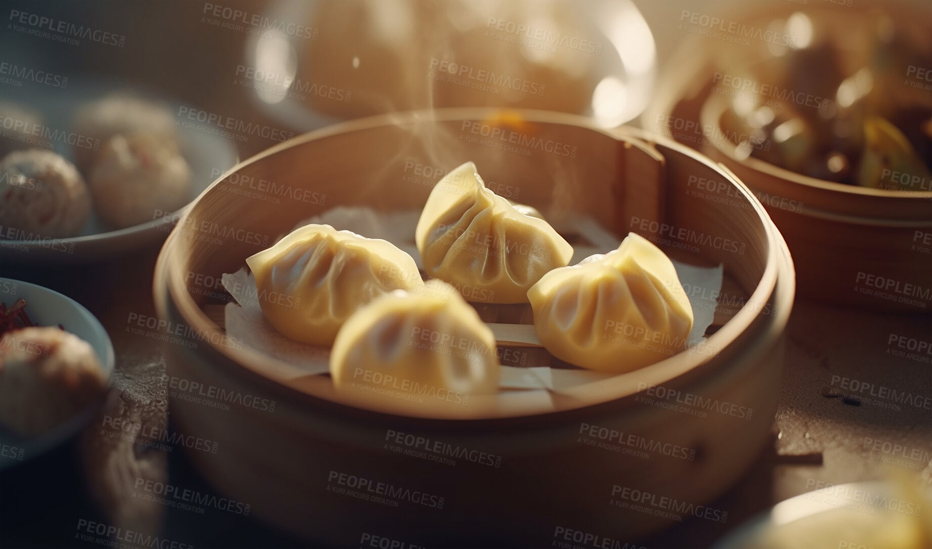 Buy stock photo Food, kitchen and fine dining with dumplings in restaurant for health, hospitality and nutrition. Menu, diet and ai generated with closeup of Chinese cuisine in cafe for dinner, cooking and retail