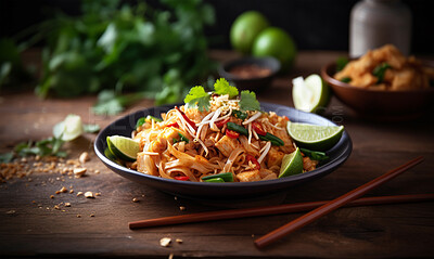 Food, kitchen and fine dining with stir fry noodles in restaurant for health, hospitality and nutrition. Menu, diet and ai generated with closeup of Thailand cuisine for dinner, cooking and retail