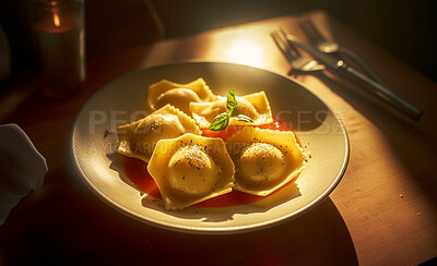 Food, kitchen and pasta with ravioli in restaurant for health, hospitality and nutrition. Fine dining, diet and ai generated with closeup of Italian cuisine in cafe for dinner, cooking and retail