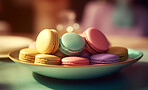 Food, kitchen and baked sweet with macarons in restaurant for health, hospitality and nutrition. Menu, diet and ai generated with closeup of french cuisine in cafe for coffee shop, dessert and bakery