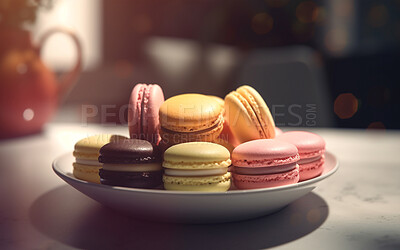 Food, dessert and bakery with macarons in restaurant for health, hospitality and nutrition. Menu, diet and ai generated with closeup of french cuisine in cafe for coffee shop, kitchen and retail