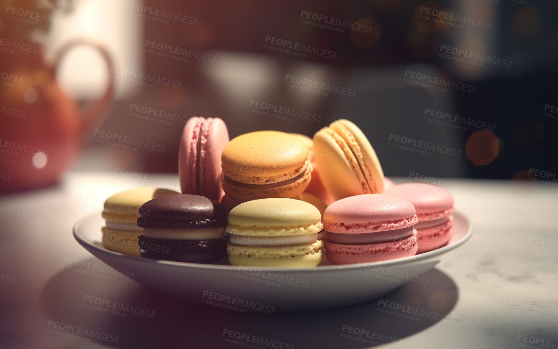 Buy stock photo Food, dessert and bakery with macarons in restaurant for health, hospitality and nutrition. Menu, diet and ai generated with closeup of french cuisine in cafe for coffee shop, kitchen and retail