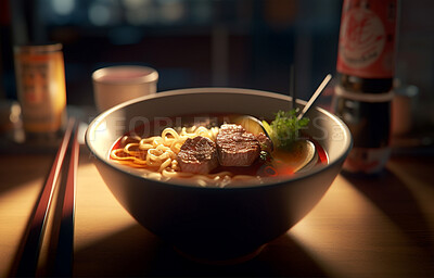 Food, cooking and fine dining with ramen noodles in restaurant for health, hospitality and nutrition. Menu, diet and ai generated with closeup of Japanese cuisine for dinner, kitchen and retail