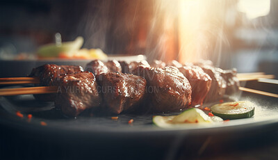 Food, cooking and fine dining with grilled kebab in restaurant for health, hospitality and nutrition. Menu, diet and ai generated with closeup of middle eastern cuisine for dinner, kitchen or retail