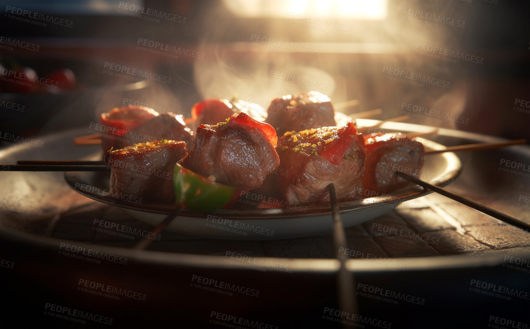 Buy stock photo Food, cooking and fine dining with kebab in restaurant for health, hospitality and nutrition. Menu, diet and ai generated with closeup of middle eastern cuisine for dinner, kitchen and retail