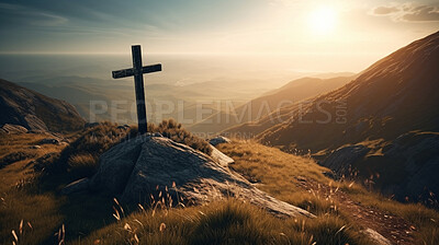 Christian cross, mountain and hill in sunrise, landscape or nature for the resurrection of Jesus on cliff outdoors. AI generated crucifixion of holy, religion or god symbol for worship in day light