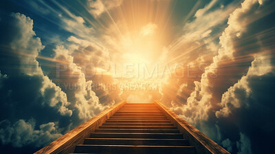 Staircase, steps and way to heaven for God, religion and faith in spiritual passage, architecture and blue sky paradise. Ai generated, stairs and sunlight step for Catholic and Christian afterlife
