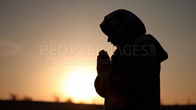 Person, praying and hands at sunrise for religion, faith and spiritual worship for Catholic God. Ai generated, sunset and woman by mockup space with prayer hands for hope, Christian and thank you